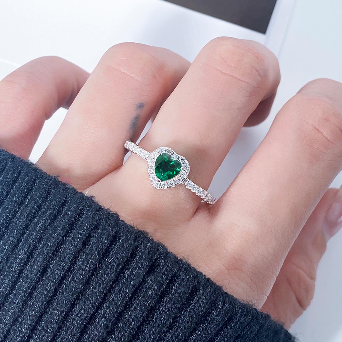 Heart Lab Emerald Halo Engagement Ring with Moissanite Side Stones