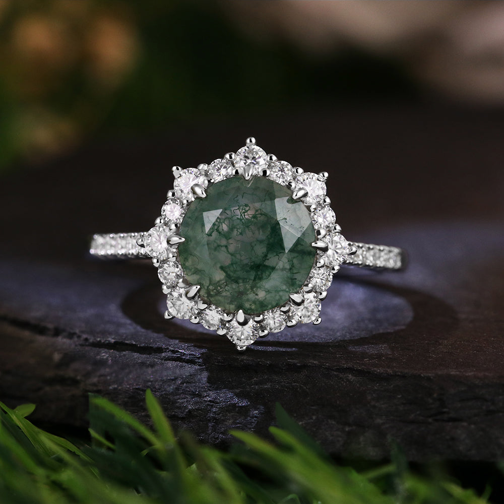 8mm Round Cut Moss Agate Vintage Halo Ring
