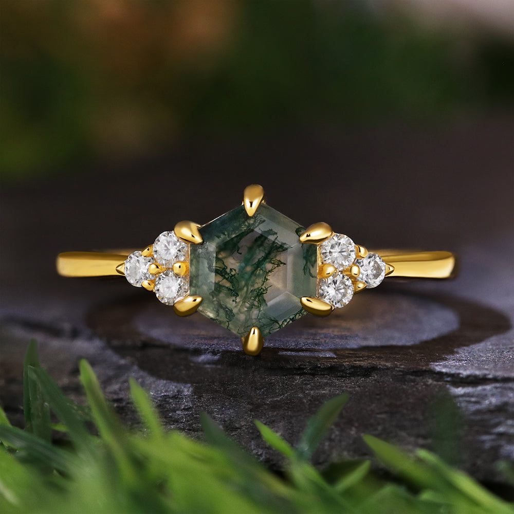 Vintage Unique 6*6 Hexagon Cut Moss Agate Retro Claw 6 Prong Engagement Ring