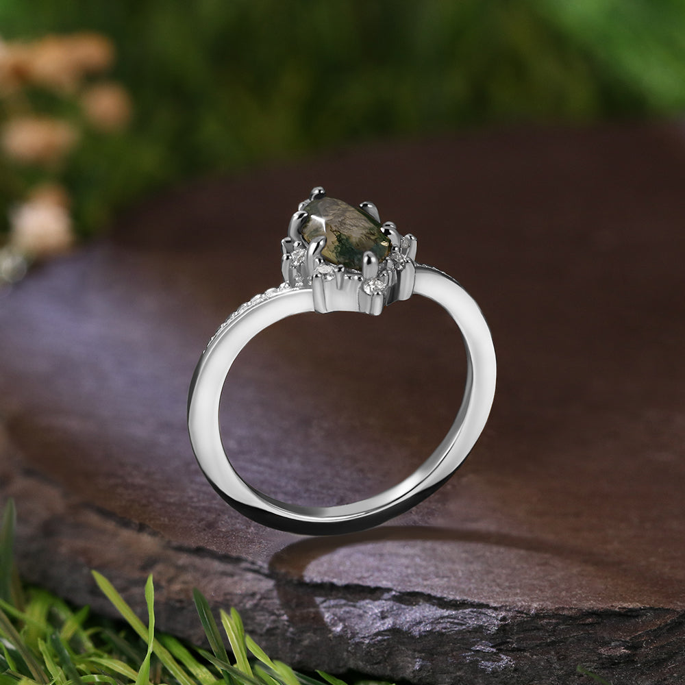 Vintage 5*10 Marquise Cut Moss Agate Retro Claw 6 Prong Engagement Ring