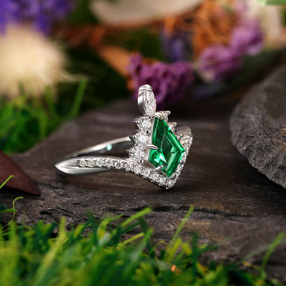 1.41 ct Kite Cut Lab Emerald Cluster Engagement Ring Nature Inspired Bridal Ring Set
