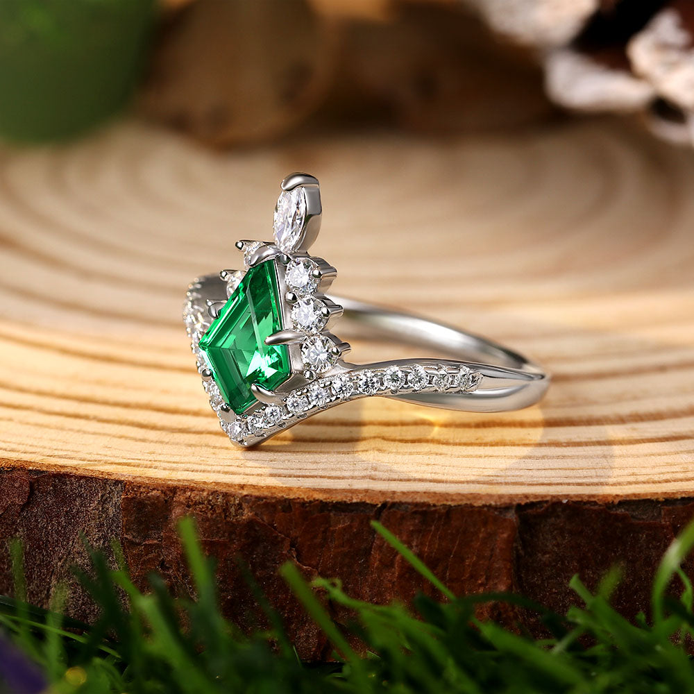 1.41 ct Kite Cut Lab Emerald Cluster Engagement Ring Nature Inspired Bridal Ring Set