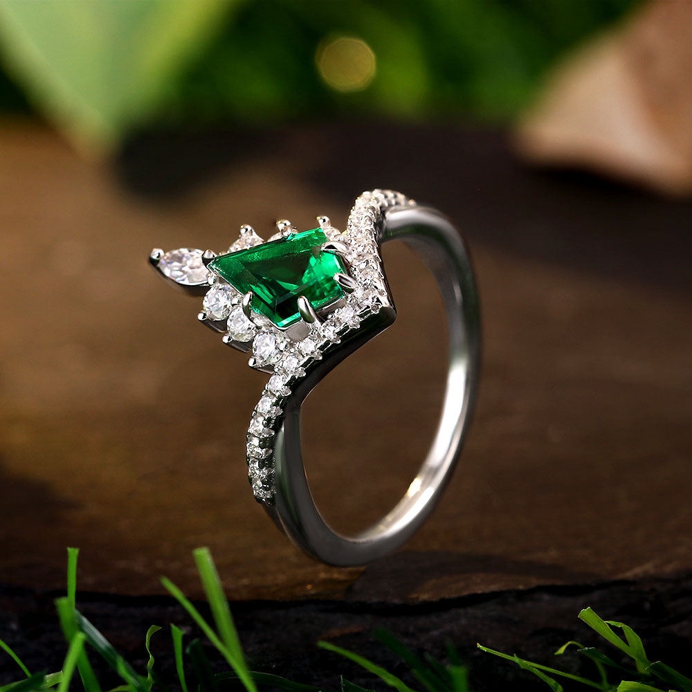 1.41 ct Kite Cut Lab Emerald Cluster Engagement Ring Nature Inspired Bridal Ring Set