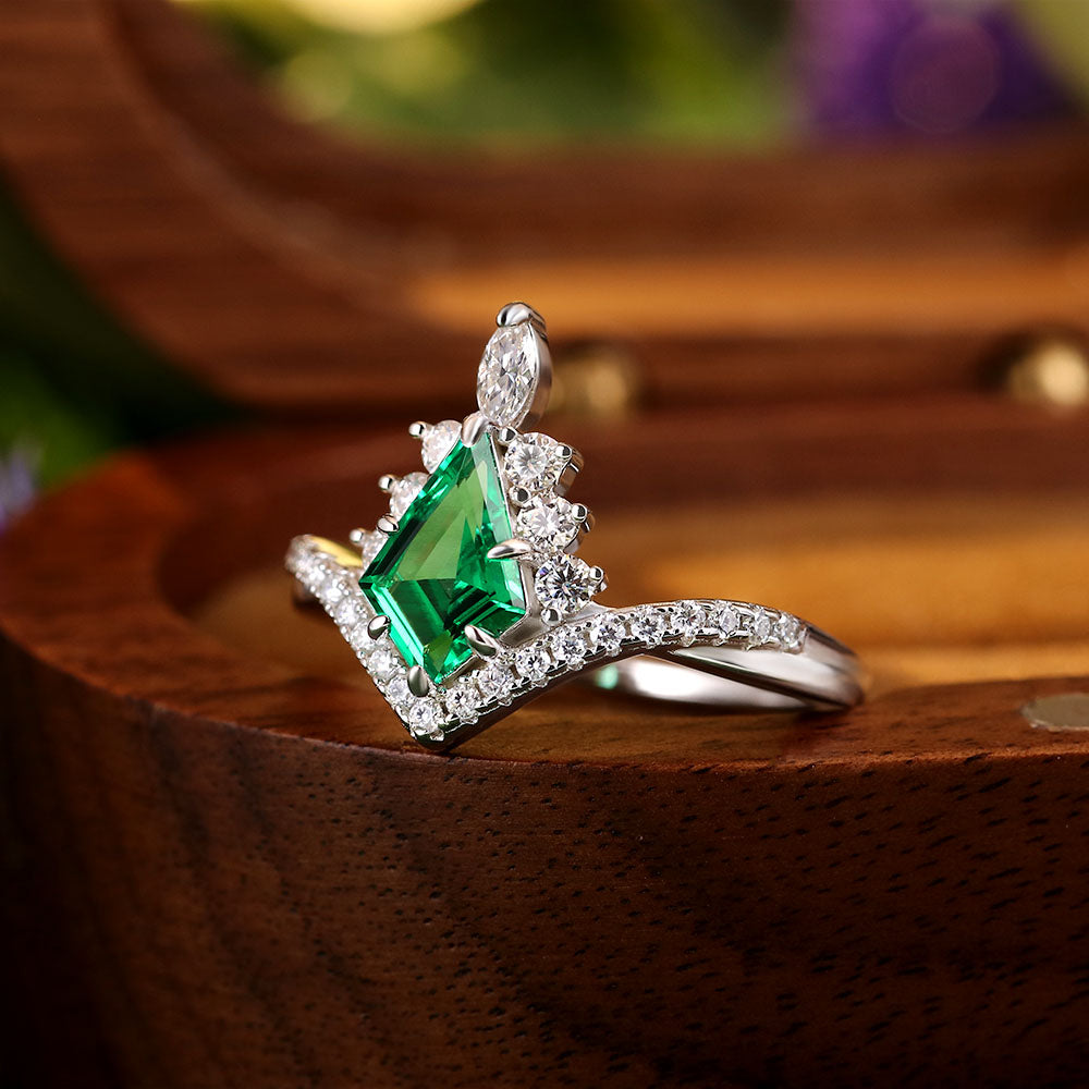 1.41 ct Kite Cut Lab Emerald Cluster Engagement Ring Nature Inspired Bridal Ring Set