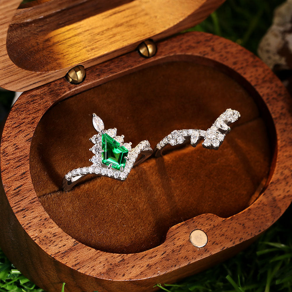 1.41 ct Kite Cut Lab Emerald Cluster Engagement Ring Nature Inspired Bridal Ring Set