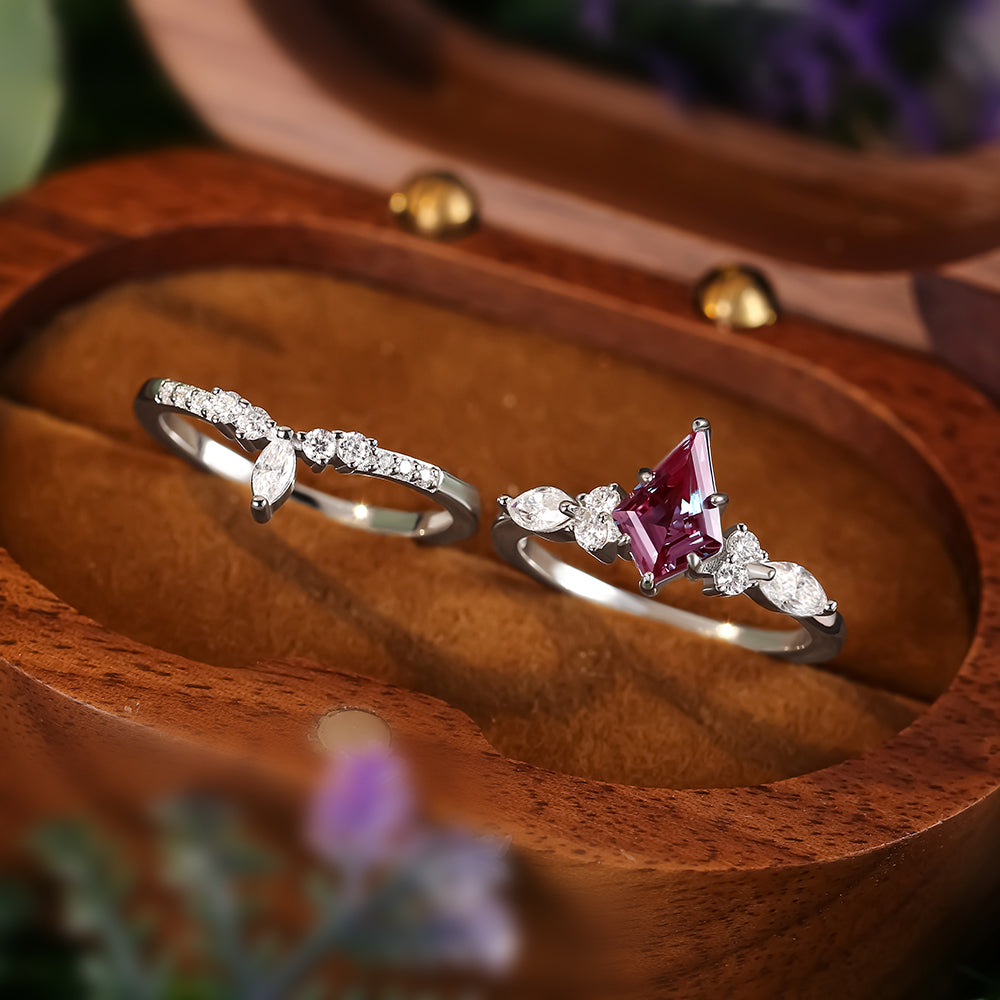 1.49 ct Kite Cut Lab Alexandrite Cluster Engagement Ring Nature Inspired Bridal Ring Set