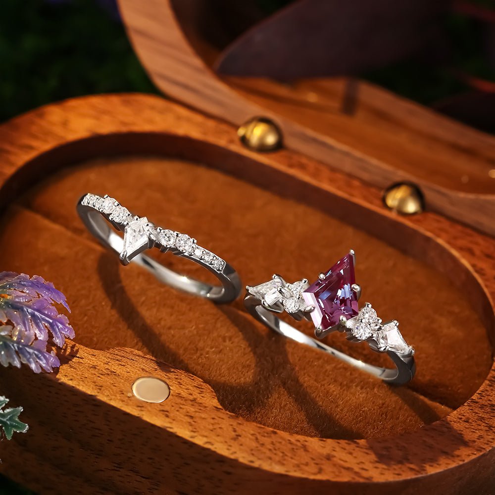 1.49 ct Kite Cut Lab Alexandrite Cluster Engagement Ring Nature Inspired Bridal Ring Set