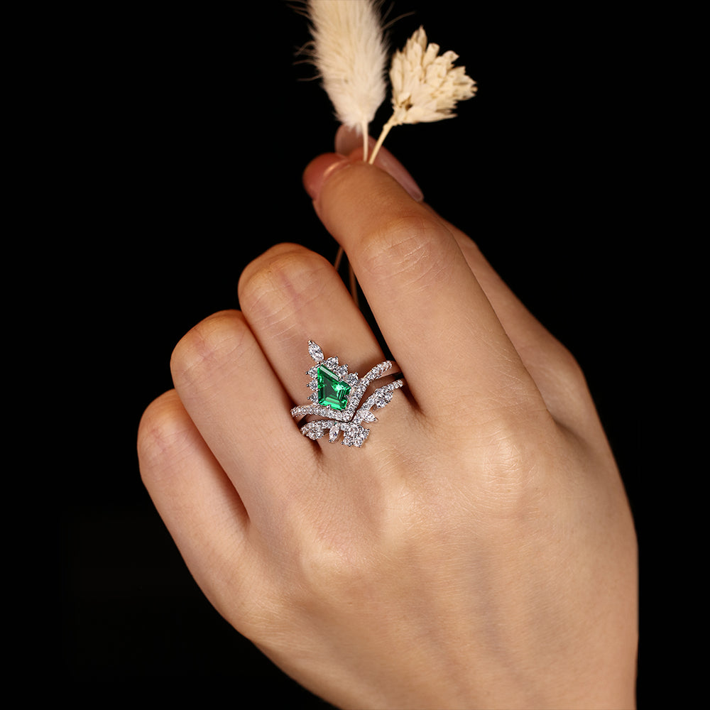 1.41 ct Kite Cut Lab Emerald Cluster Engagement Ring Nature Inspired Bridal Ring Set