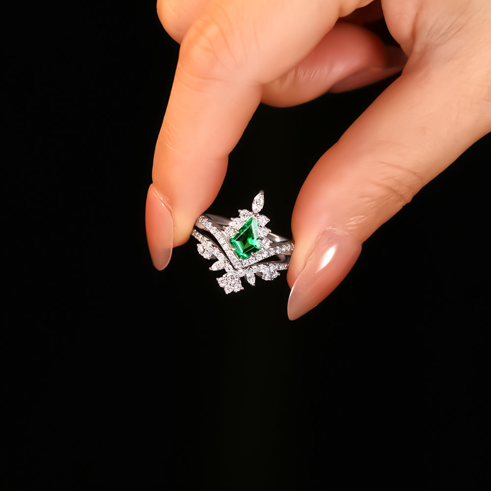 1.41 ct Kite Cut Lab Emerald Cluster Engagement Ring Nature Inspired Bridal Ring Set