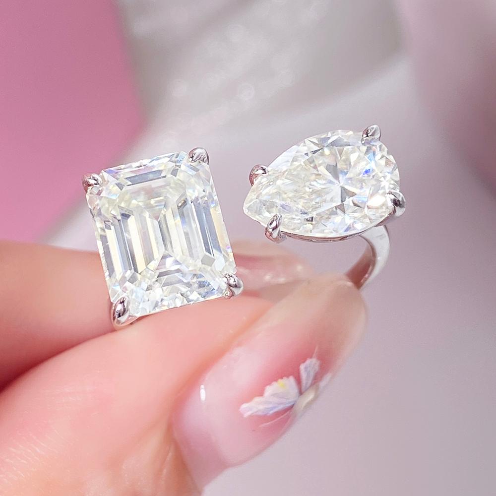 Toi et Moi 3.8 ct Emerald Cut & 1.82 ct Pear Moissanite Engagement Ring