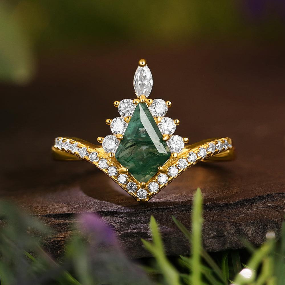 6*9mm Kite Cut Moss Agate Halo Unique Engagement Ring Art Deco Curved Engagement Ring