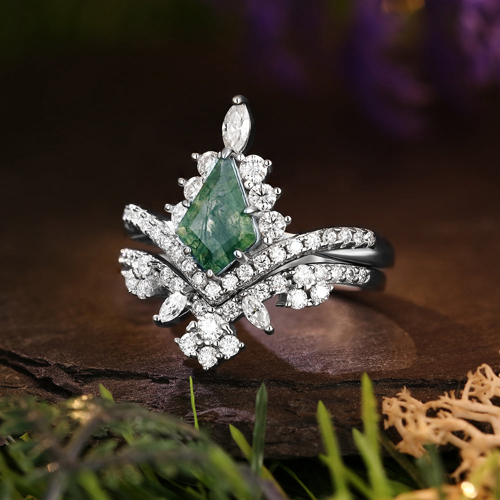 6*9mm Kite Cut Moss Agate Halo Unique Engagement Ring Art Deco Curved Twisted Wedding Ring  Bridal Set