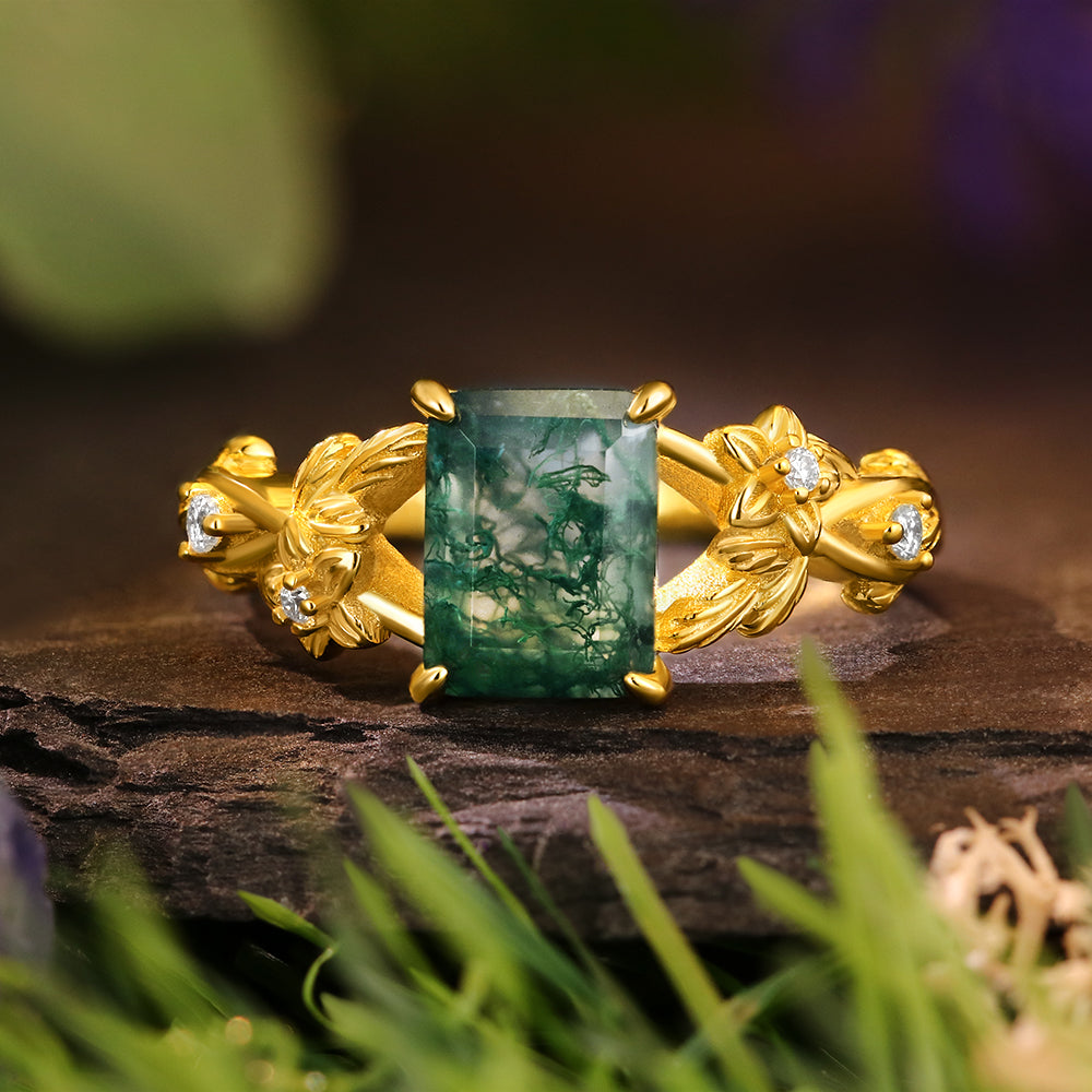 6*8mm Vintage Emerald Cut Moss Agate  Leaf Flower Nature Inspired Unique Twisted Engagement Ring