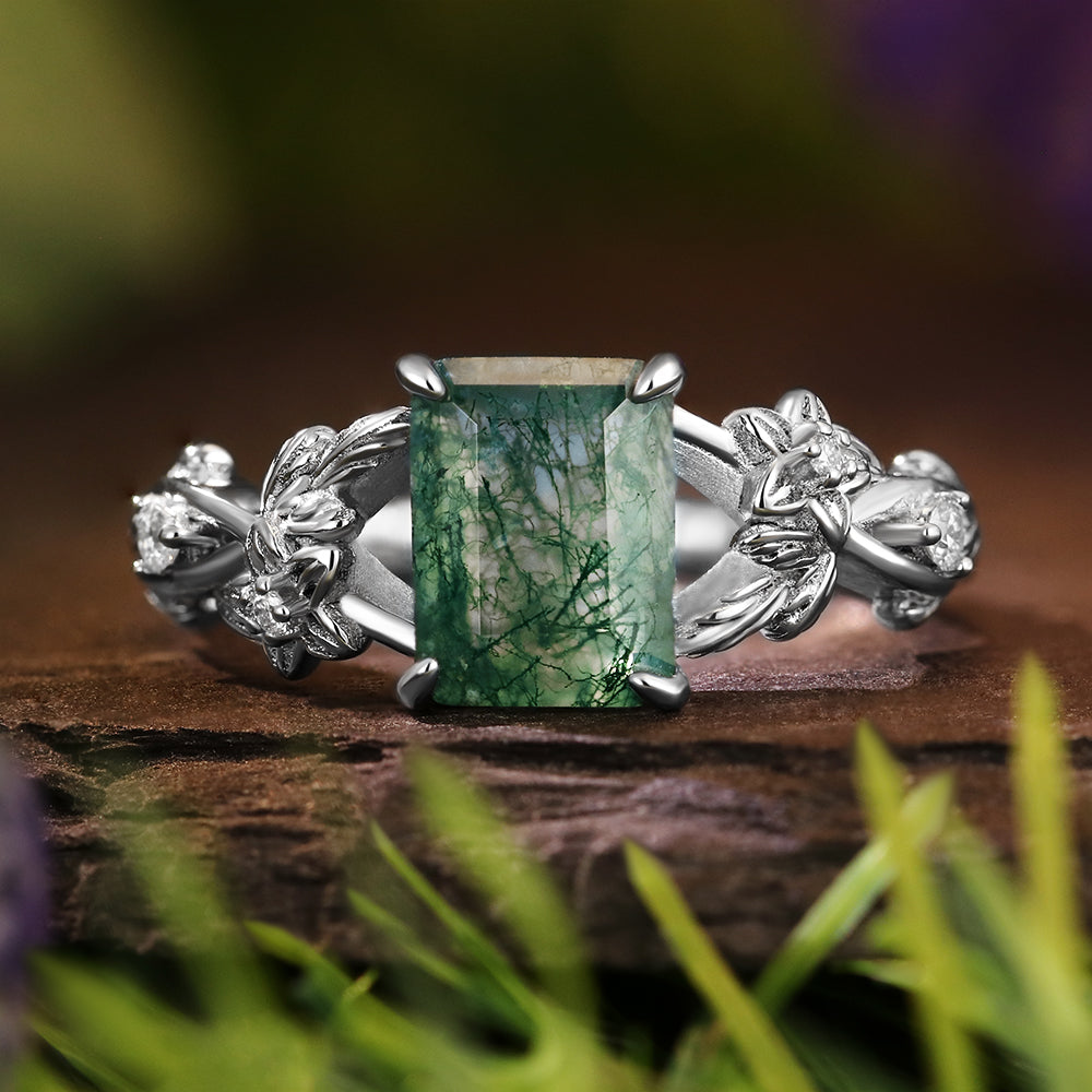 6*8mm Vintage Emerald Cut Moss Agate  Leaf Flower Nature Inspired Unique Twisted Engagement Ring