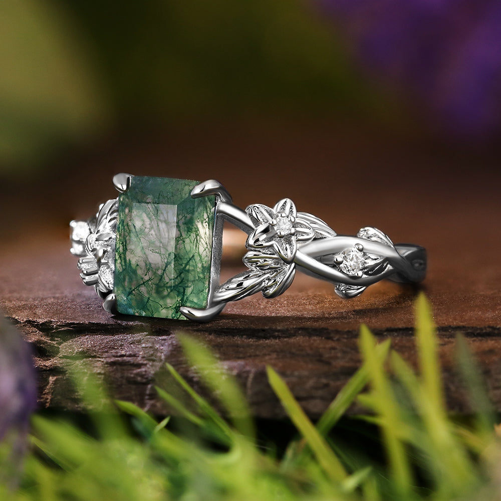 6*8mm Vintage Emerald Cut Moss Agate  Leaf Flower Nature Inspired Unique Twisted Engagement Ring