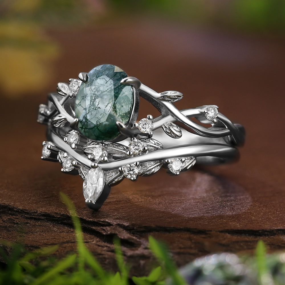 Nature inspired 6*8mm Oval Cut Moss Agate Twisted Ring Five Stone Anniversary Wedding Ring Bridal Set