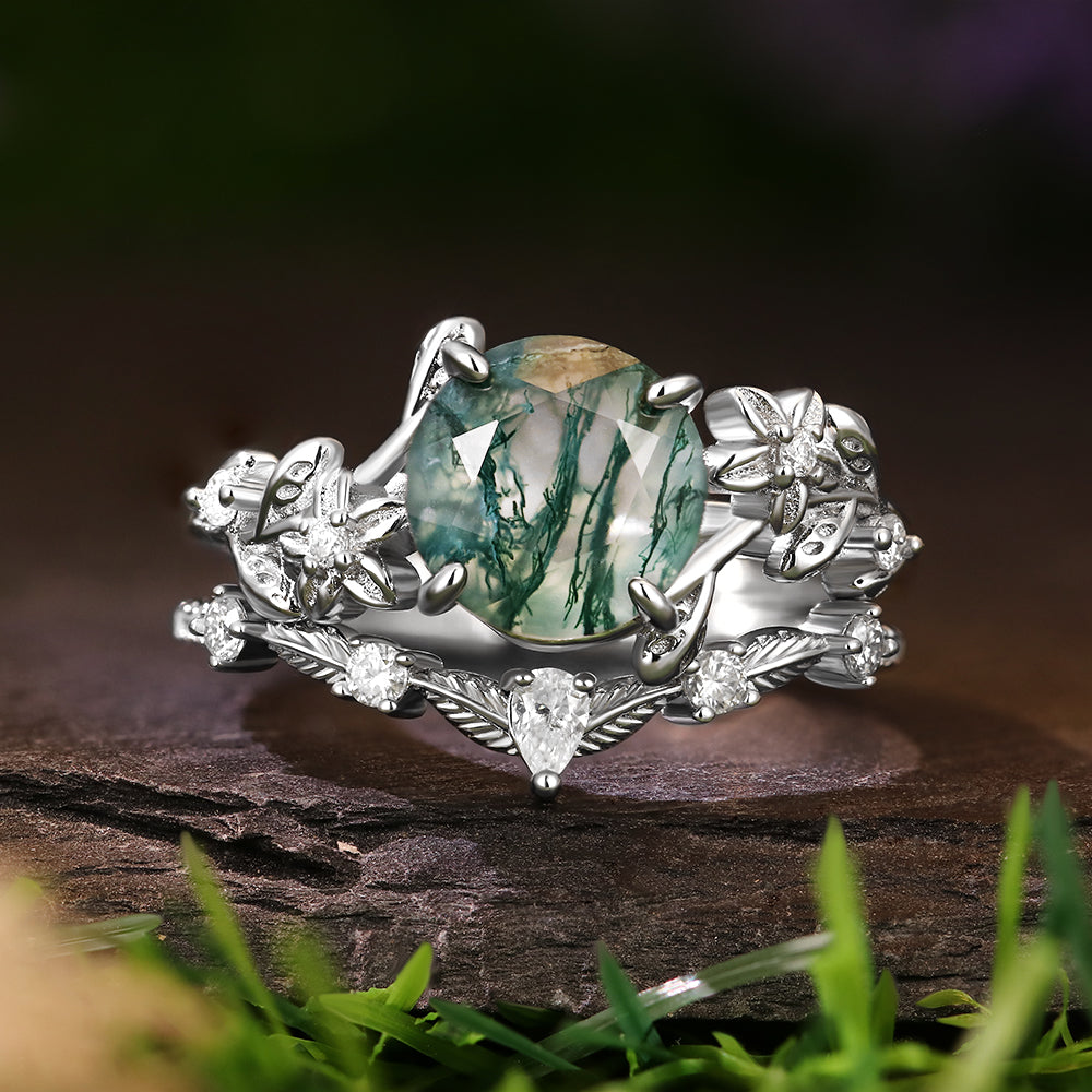 8mm Round Cut Moss Agate Flower Engagement Ring Curved Wedding Band Nature Vines Bridal Set
