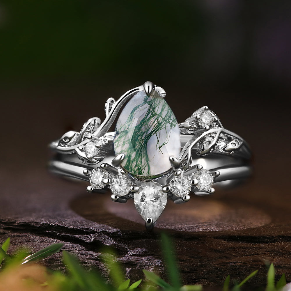 6*8mm Pear Cut Moss Agate  Leaf Leaves Twig Nature Inspired Ring Twisted Ring Vintage Crved Band Bridal Set