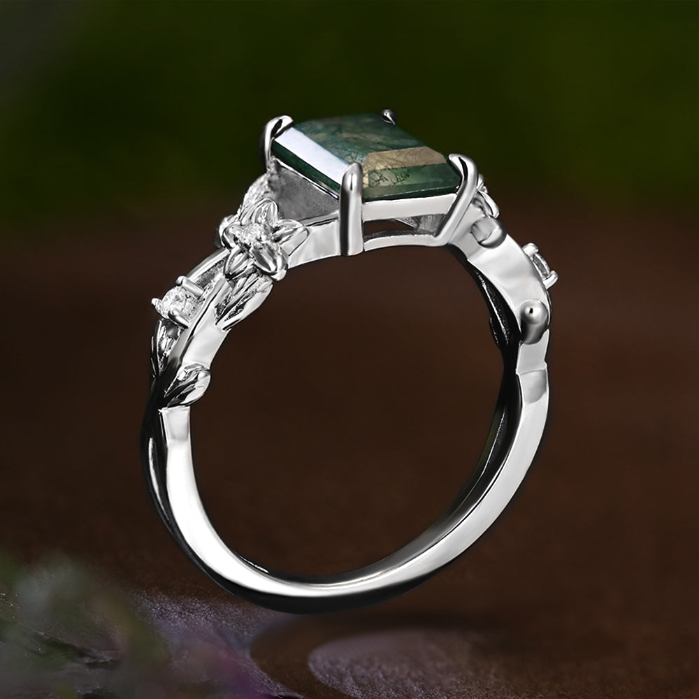 6*8mm Vintage Emerald Cut Moss Agate  Leaf Flower Nature Inspired Unique Twisted Engagement Ring