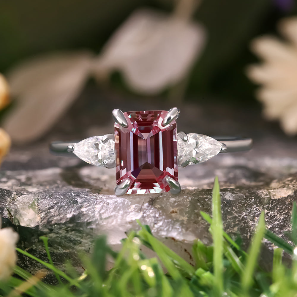 2.42ct Emerald Cut Lab Alexandrite Three Stone Ring Unique Bridal Ring Set