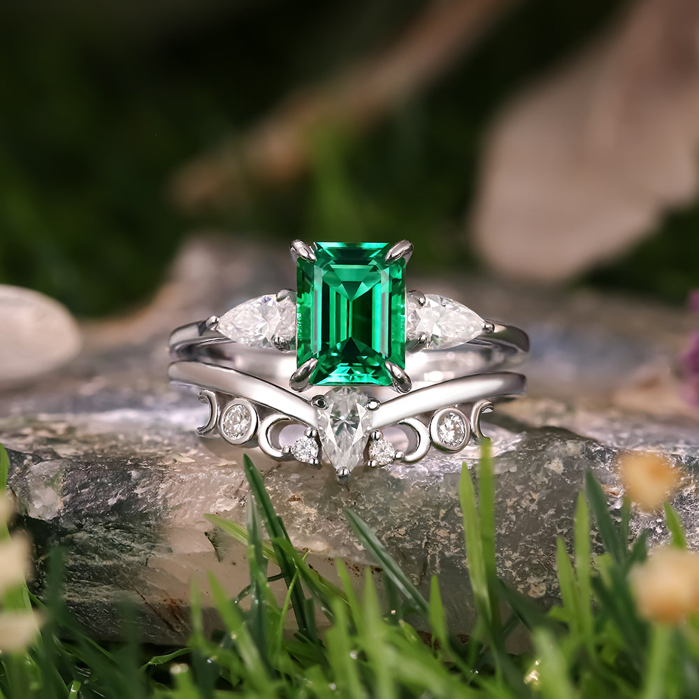 1.87ct Emerald Cut Lab Emerald Three Stone Ring Unique Bridal Ring Set