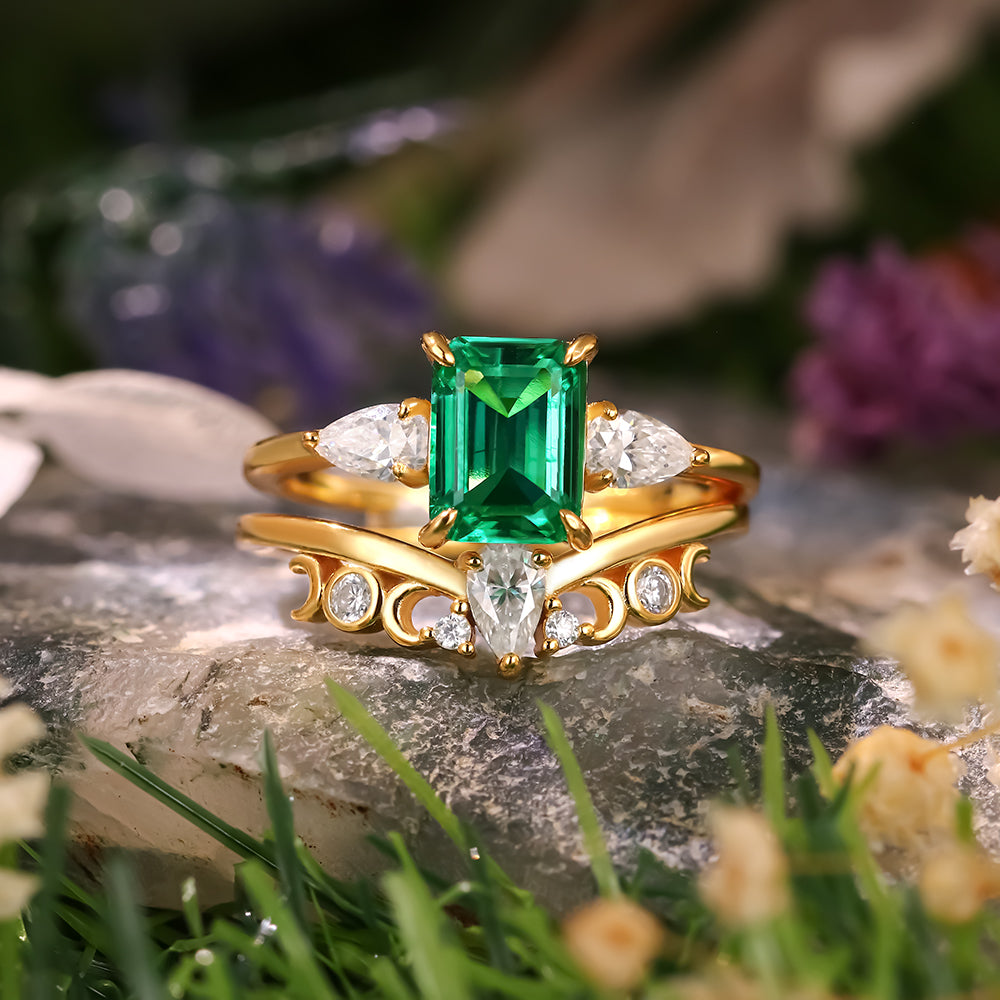 Anillo de compromiso con halo de esmeraldas de laboratorio ovaladas de 1 ct