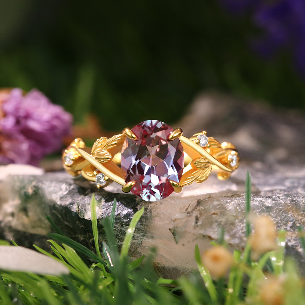 2.06ct Oval Cut Lab Alexandrite Accents Nature Inspired Leaf Branch Twist Engagement Ring