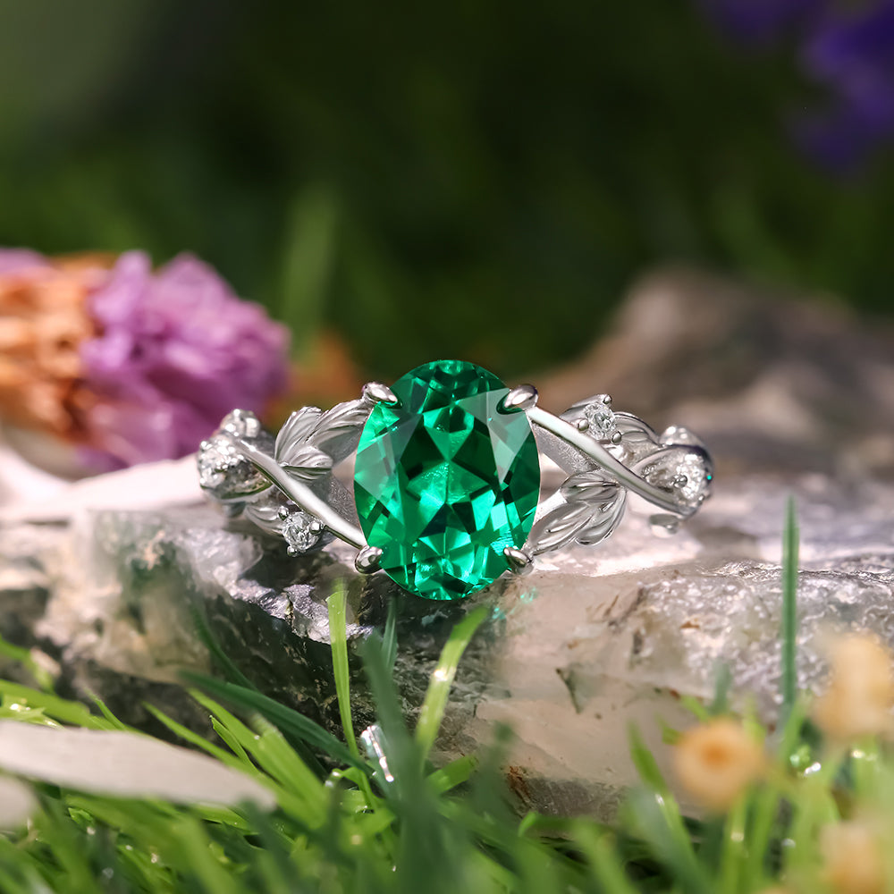 1.88 ct Oval Cut Lab Emerald Accents Nature Inspired Leaf Branch Twist Engagement Ring