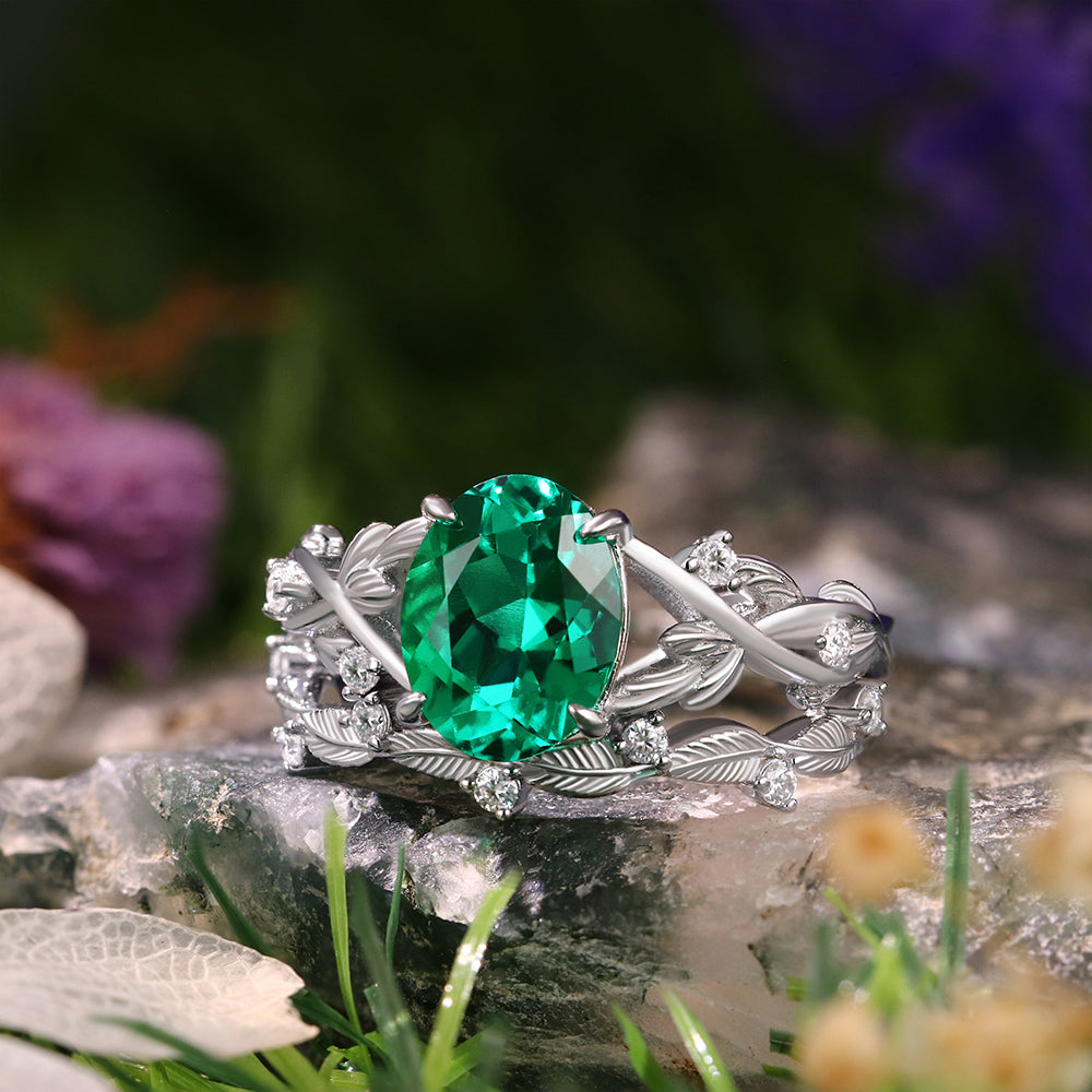 1.98 ct Oval Cut Lab Emerald Accents Engagement Ring Nature Inspired Leaf Branch Twist Bridal Ring Set
