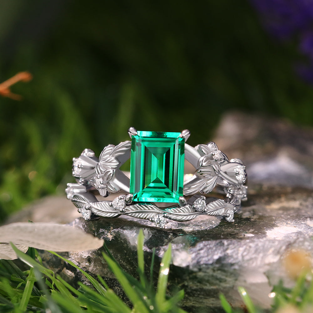 1.58 ct Emerald Cut Lab Emerald Engagement Ring Nature Inspired Floral And Leaf Twist Bridal Ring Set