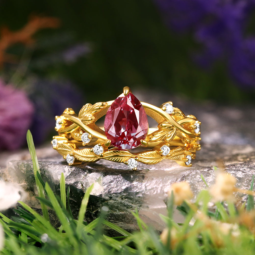 1.71ct Pear Cut Lab Alexandrite Nature Inspired Twig Leaf Engagement Bridal Ring Set