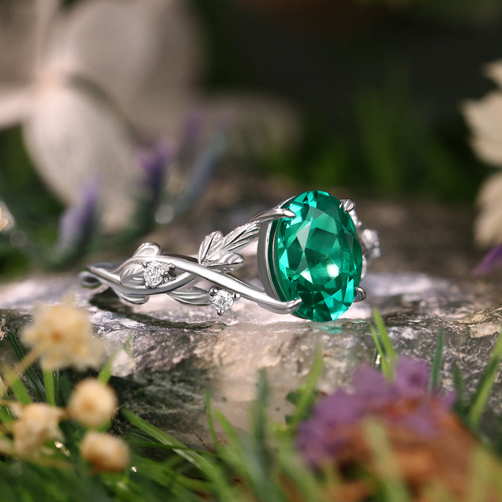 1.88 ct Oval Cut Lab Emerald Accents Nature Inspired Leaf Branch Twist Engagement Ring