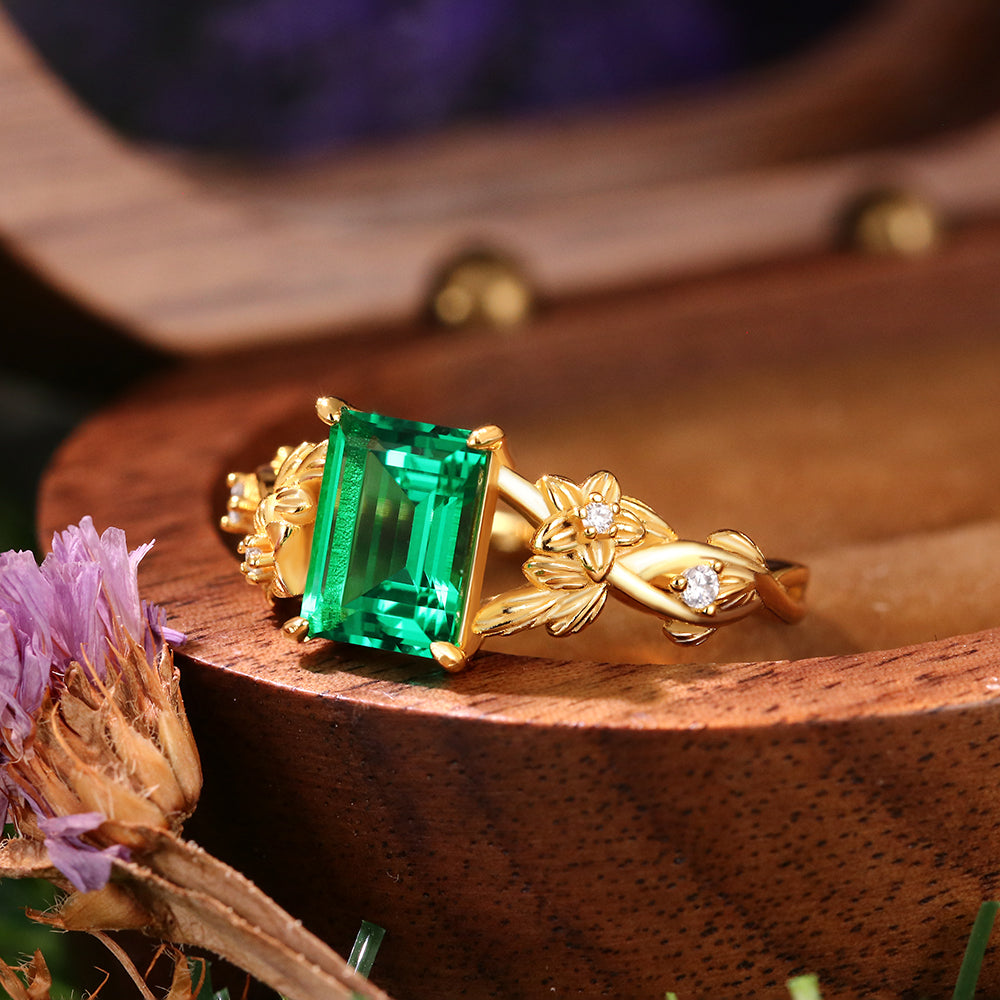 1.48 ct Emerald Cut Lab Emerald Nature Inspired Floral And Leaf Twist Engagement  Ring