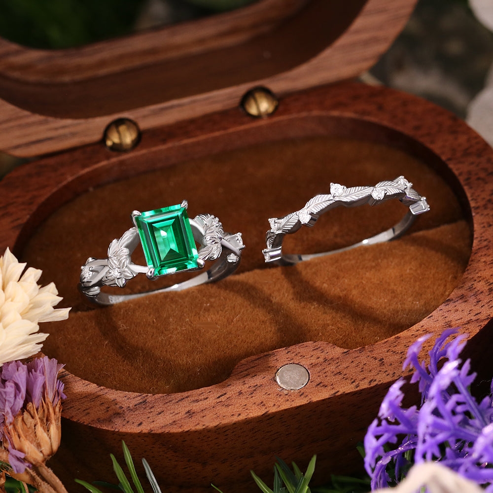1.58 ct Emerald Cut Lab Emerald Engagement Ring Nature Inspired Floral And Leaf Twist Bridal Ring Set