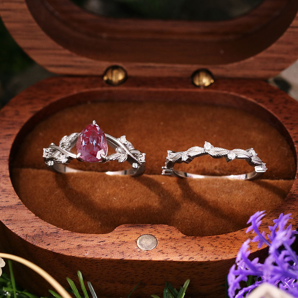 1.71ct Pear Cut Lab Alexandrite Nature Inspired Twig Leaf Engagement Bridal Ring Set