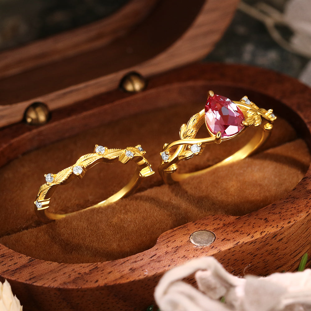 1.71ct Pear Cut Lab Alexandrite Nature Inspired Twig Leaf Engagement Bridal Ring Set