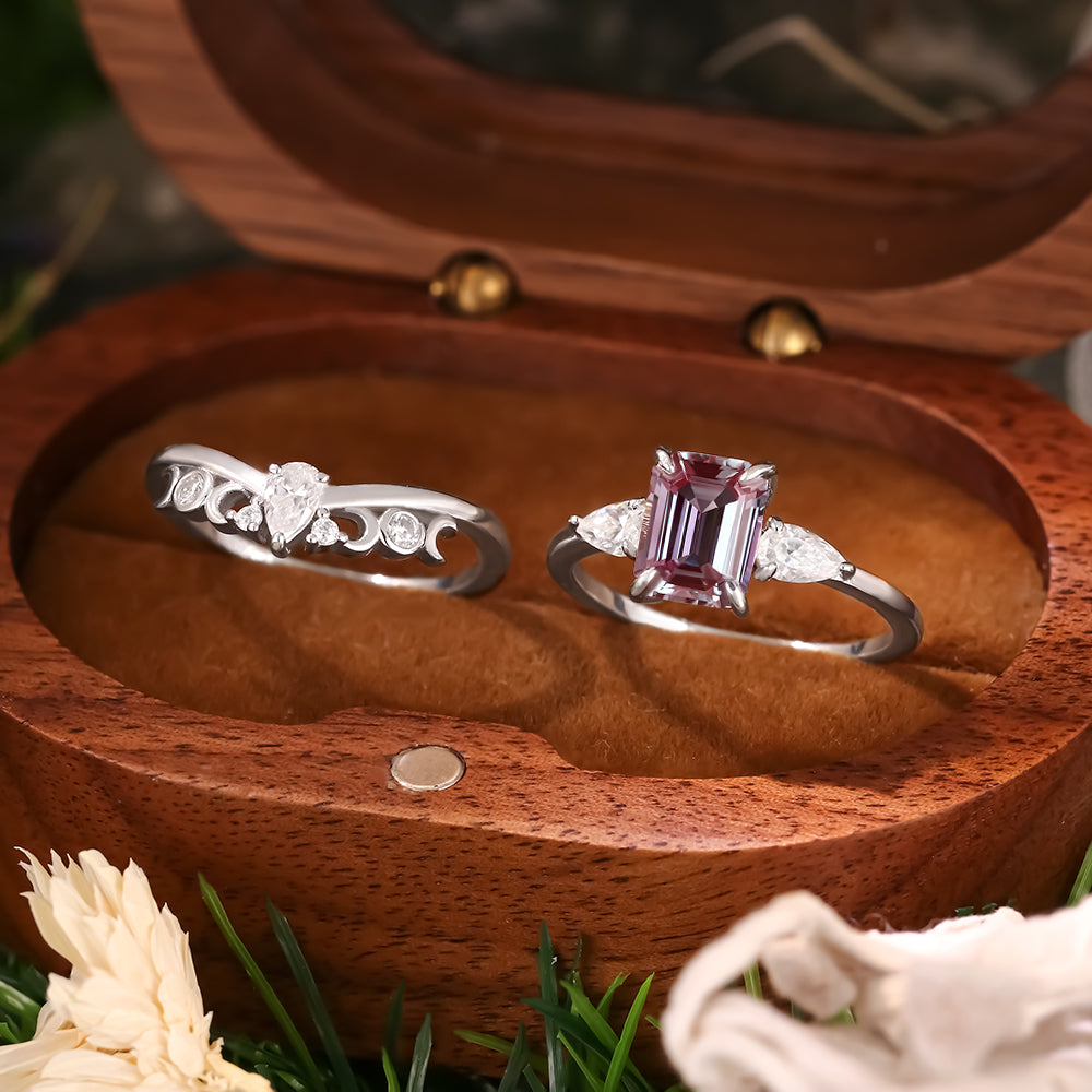 2.42ct Emerald Cut Lab Alexandrite Three Stone Ring Unique Bridal Ring Set
