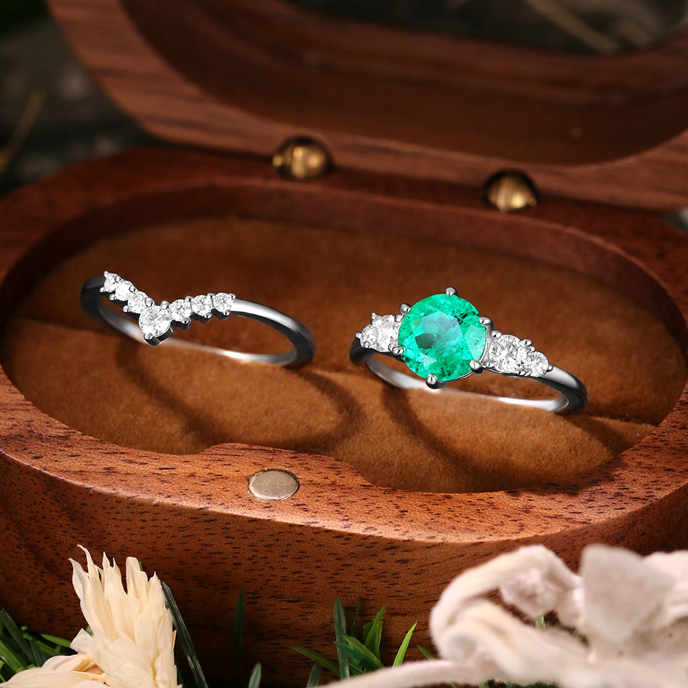 1.70 ct Round Cut Lab Emerald Vintage Five Stone Ring Curved Stacking Ring Bridal Ring Set