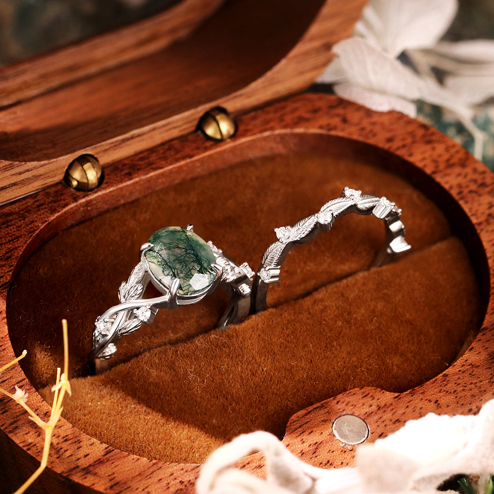 7*9 Oval Cut Moss Agate Accents Engagement Ring Nature Inspired Leaf Branch Twist Bridal Ring Set