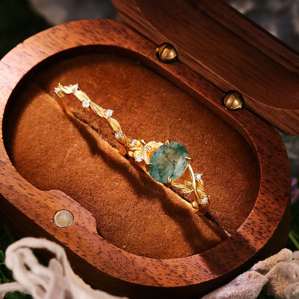 7*9 Oval Cut Moss Agate Accents Engagement Ring Nature Inspired Leaf Branch Twist Bridal Ring Set