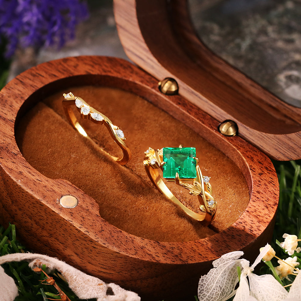 1.81 ct Princess Cut Lab Emerald Engagement Ring Leaf Branch Nature Inspired Bridal Ring Set