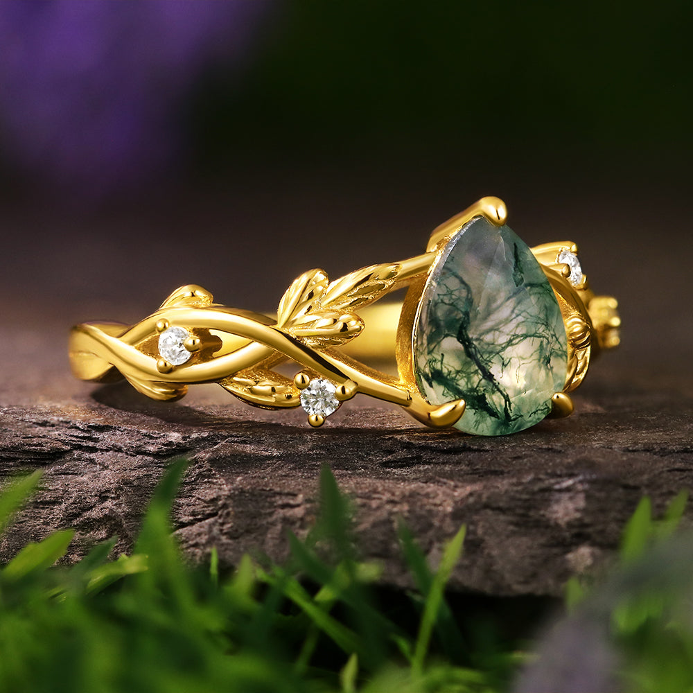 6*8mm Pear Moss Agate Leaf Nature Inspired  Engagement Ring