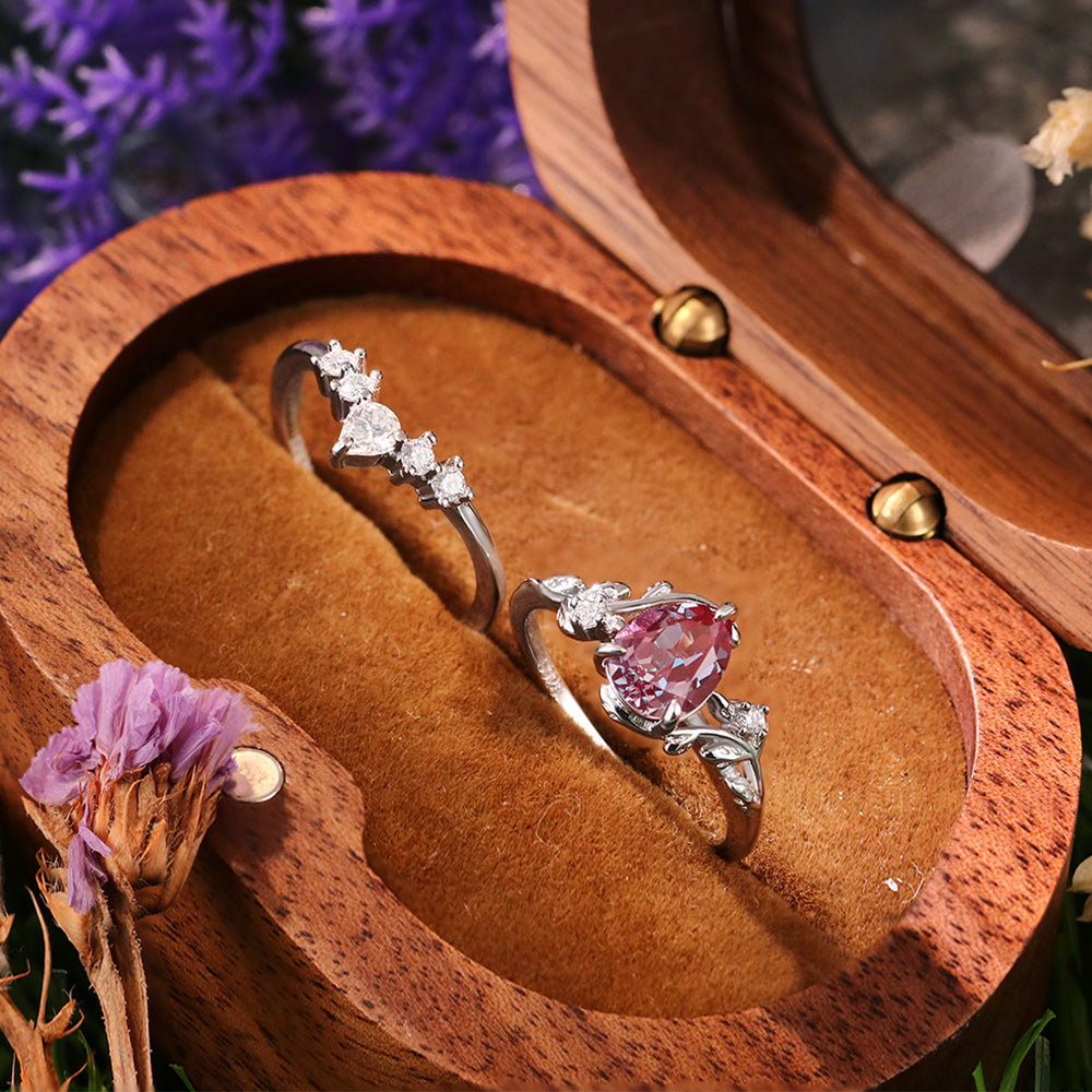 1.85ct Pear Cut Lab Alexandrite Twig Leaf Engagement Bridal Ring Set