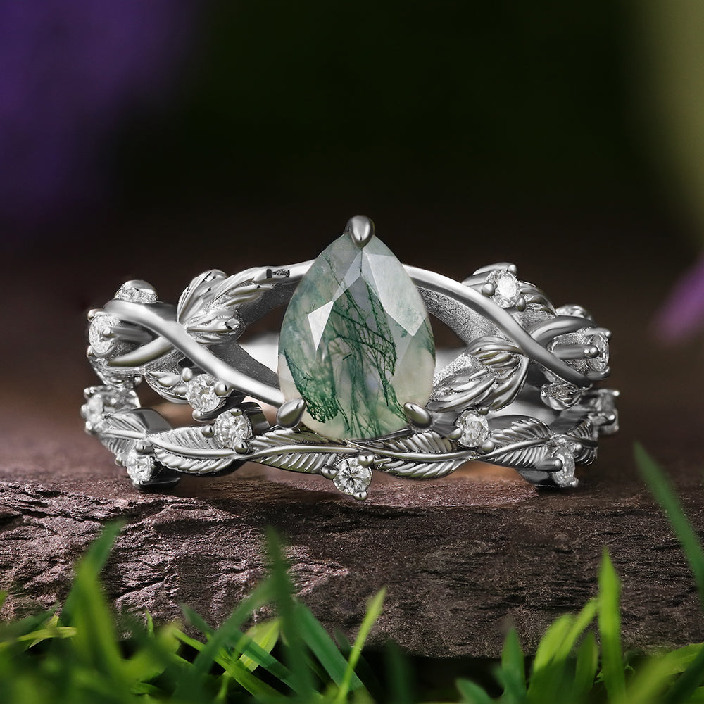6*8mm Unique Twig Pear Moss Agate Engagement Ring Leaf Nature Inspired Wedding Ring  Bridal Set