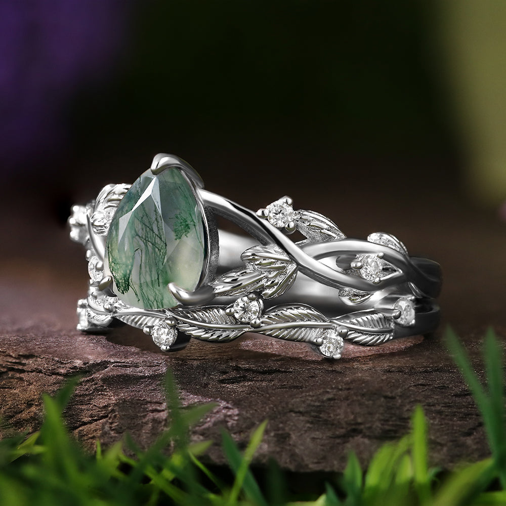 6*8mm Unique Twig Pear Moss Agate Engagement Ring Leaf Nature Inspired Wedding Ring  Bridal Set