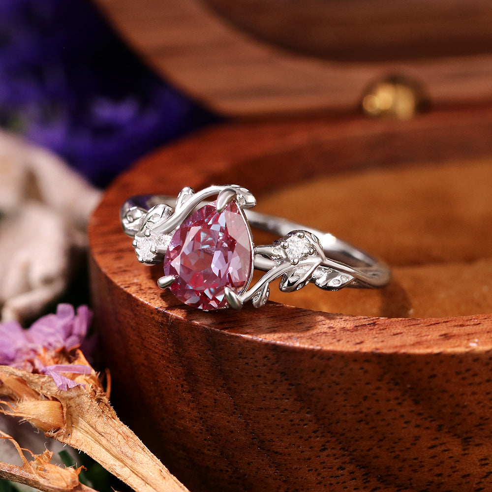 1.58ct Pear Cut Lab Alexandrite Twig Leaf Engagement Ring