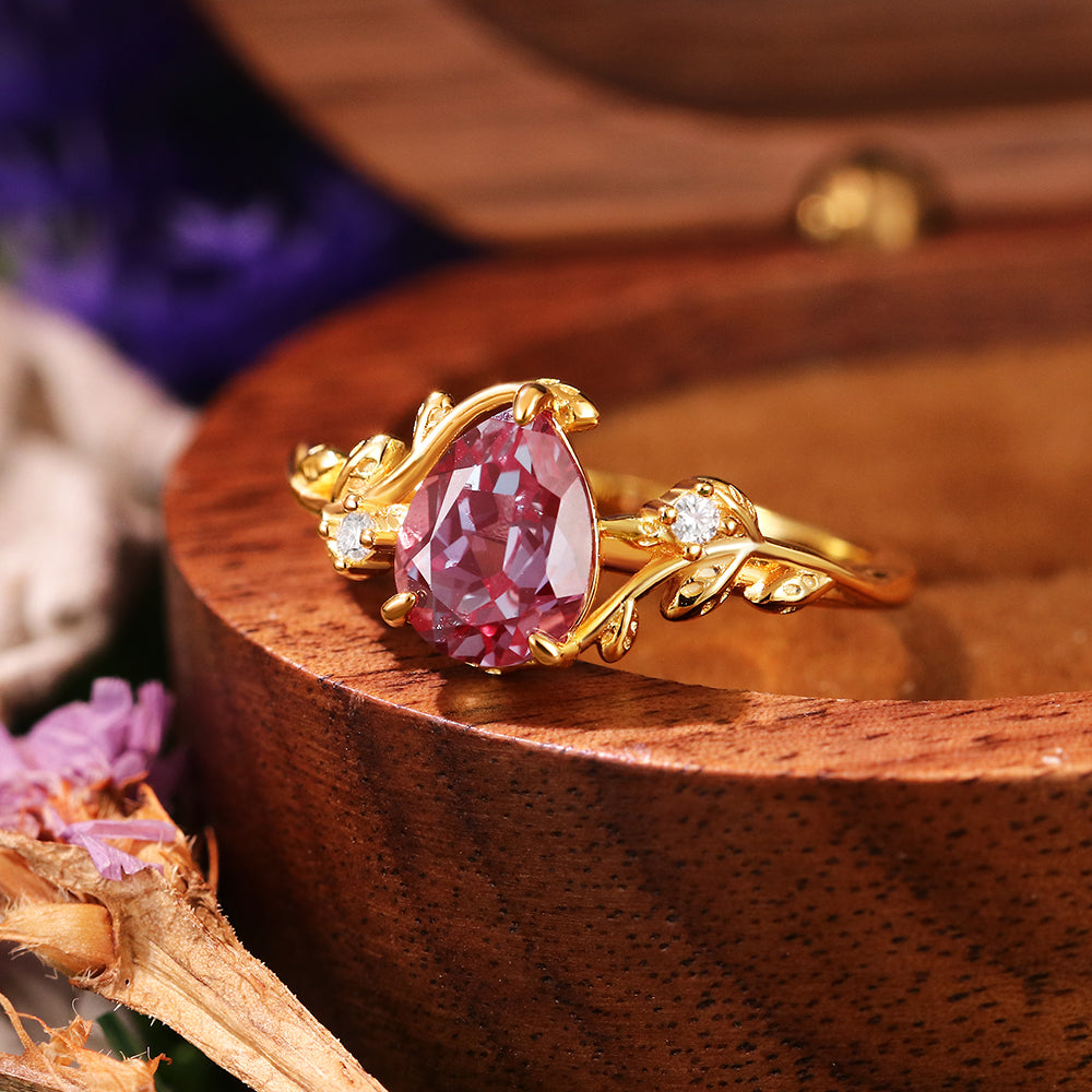 1.58ct Pear Cut Lab Alexandrite Twig Leaf Engagement Ring