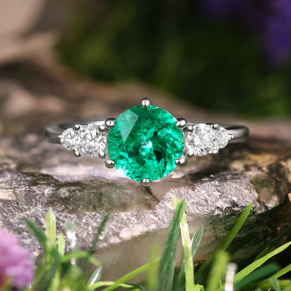 1.70 ct Round Cut Lab Emerald Vintage Five Stone Engagement Ring