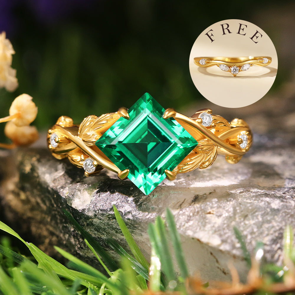 1.81 ct Princess Cut Lab Emerald Engagement Ring Leaf Branch Nature Inspired Bridal Ring Set