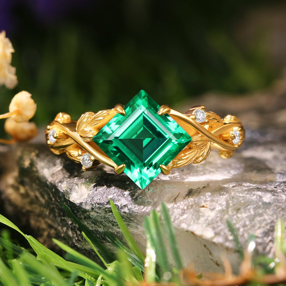 1.81 ct Princess Cut Lab Emerald Engagement Ring Leaf Branch Nature Inspired Bridal Ring Set